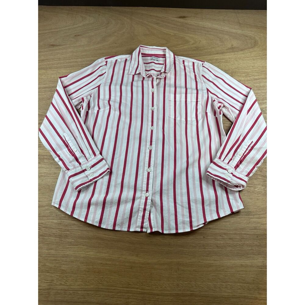 J Crew Womens Button Up Shirt Large Pink Red Stripe Cotton Stretch Preppy